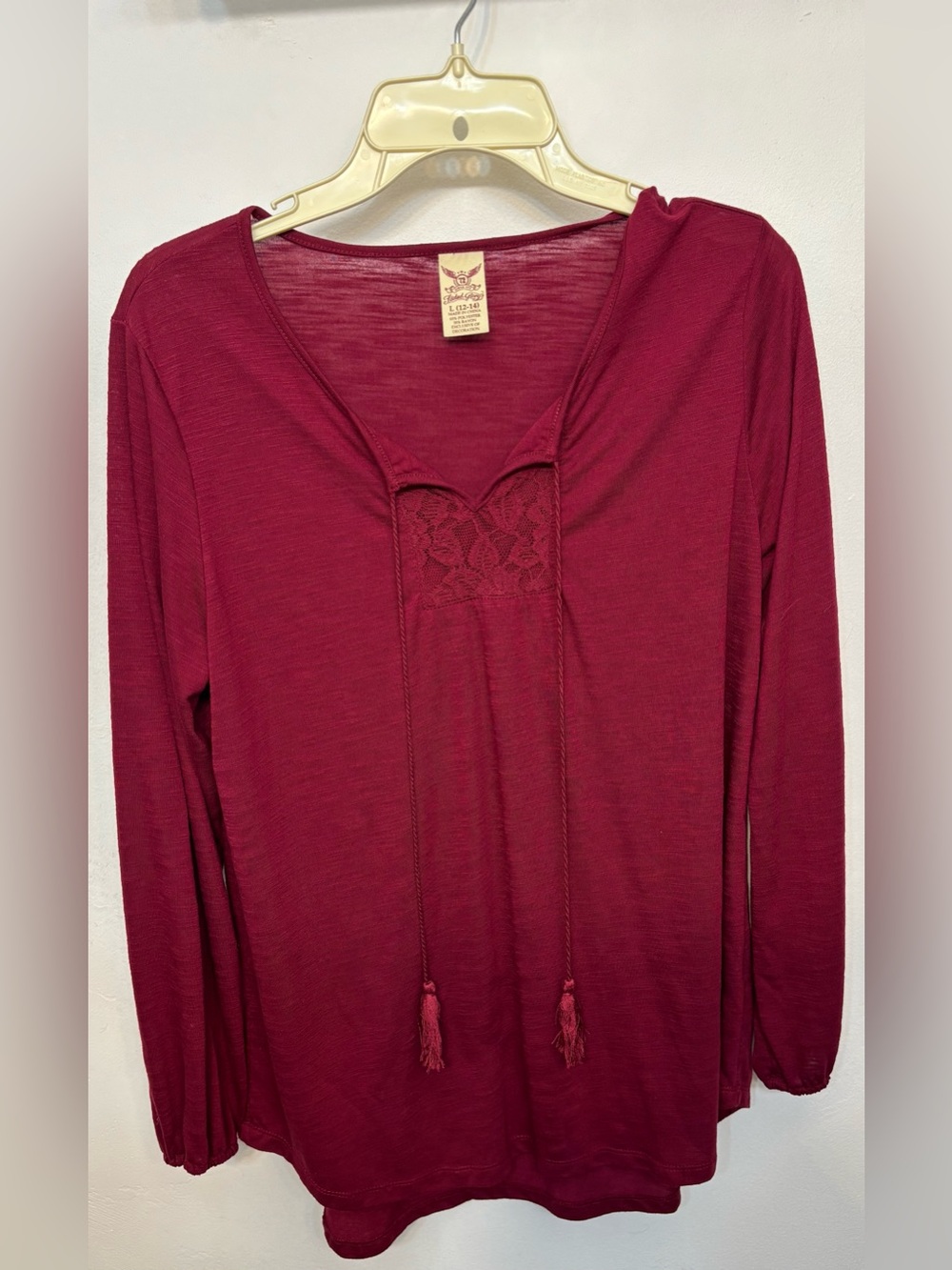 Faded Glory Burgundy Lace V-neck With Tassel Long Sleeve Top Size Large 12-14